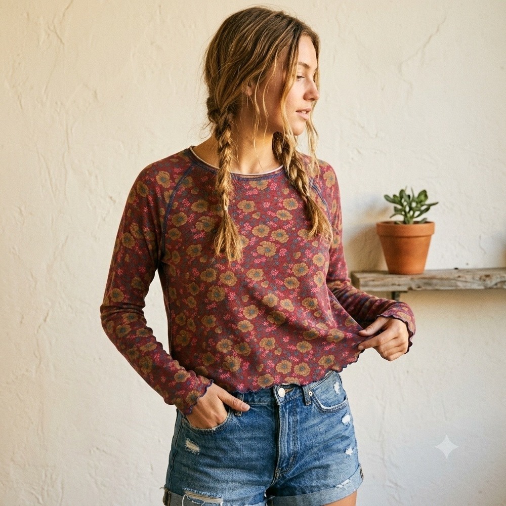 Natural Life Womens Top Medium Red Floral Long Sleeve Lettuce Trim Boho